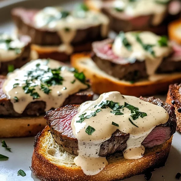 Beef Tenderloin Crostini with Parmesan Cream Sauce