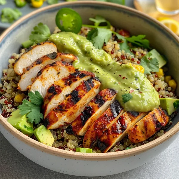 Grilled Chicken Quinoa Bowls with Avocado Sauce Delight!