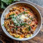 Ground Beef Orzo with Tomato Cream Sauce and Fresh Basil