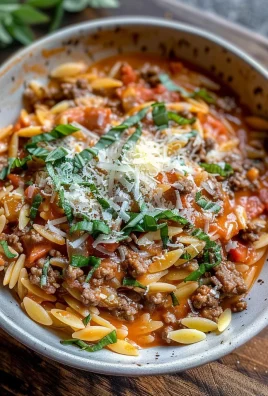 Ground Beef Orzo with Tomato Cream Sauce and Fresh Basil