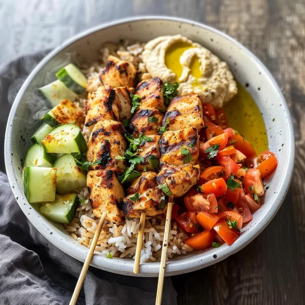 Mediterranean Bowl with Grilled Chicken Tawook Skewers