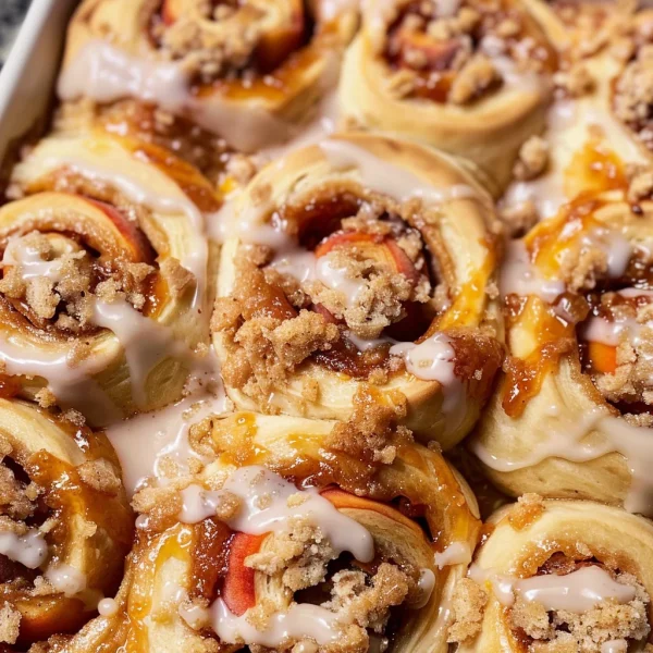 Peach Cobbler Cinnamon Rolls with Crumb Topping
