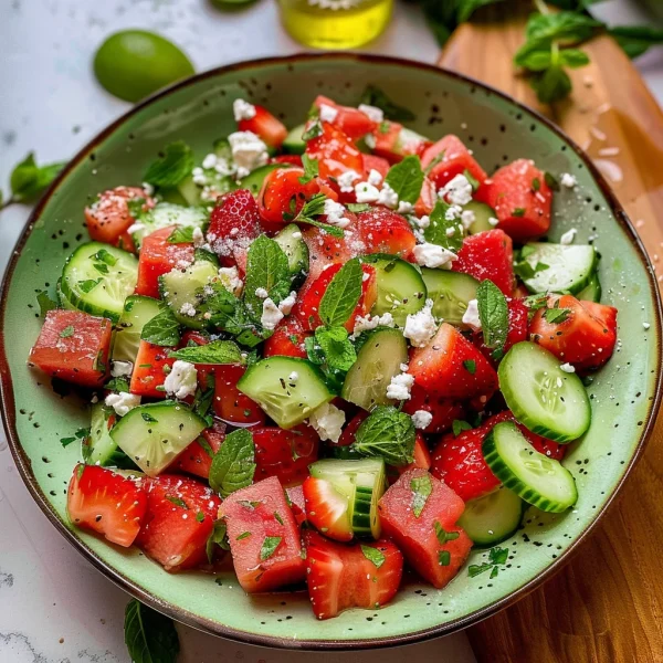 Watermelon Cucumber Salad with Strawberries and Feta