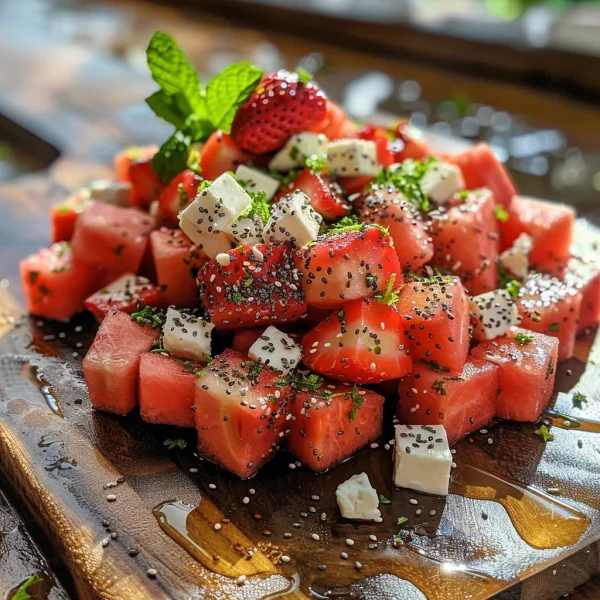Watermelon Salad With Strawberries & Honey Lime Dressing