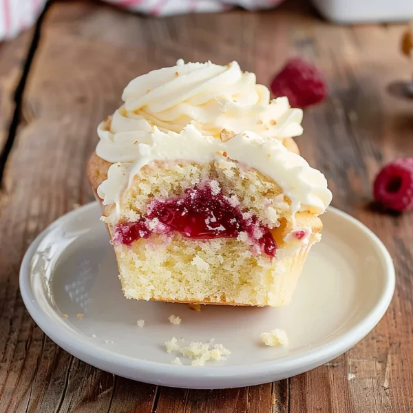 Almond Wedding Cake Cupcakes with Raspberry Filling