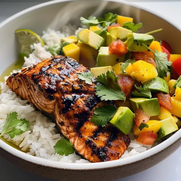 BBQ Salmon Bowls with Mango Avocado Salsa