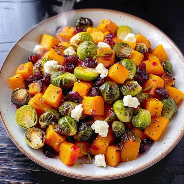 Cranberry-Glazed Roasted Butternut Squash, Brussels Sprouts, and Sweet Potato Salad