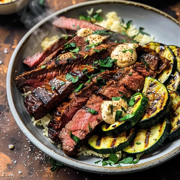 Grilled Steak Bowl with Creamy Sauce & Grilled Zucchini