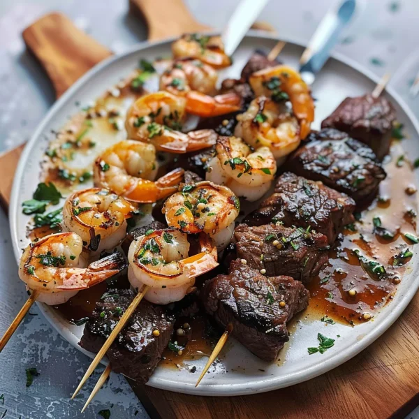 Grilled Steak and Shrimp Skewers with Garlic Butter