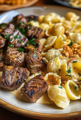 Steak Bites and Shell Pasta in Garlic Butter Alfredo Sauce