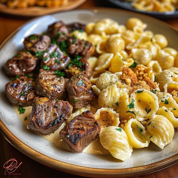 Steak Bites and Shell Pasta in Garlic Butter Alfredo Sauce