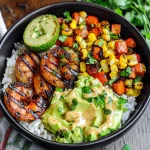 Grilled Shrimp Bowl with Avocado, Corn Salsa & Creamy Sauce