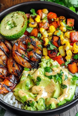 Grilled Shrimp Bowl with Avocado, Corn Salsa & Creamy Sauce