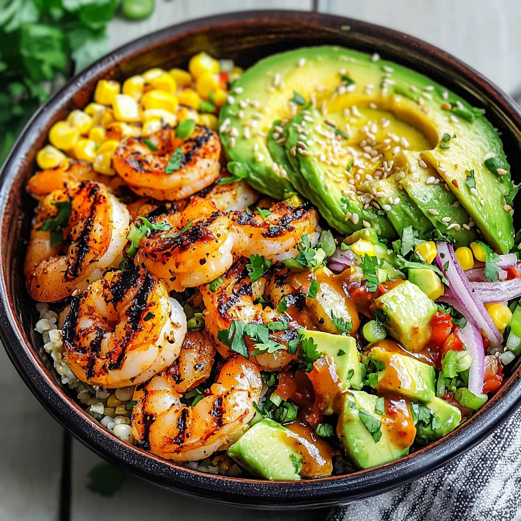 Grilled Shrimp Bowl with Avocado, Corn Salsa & Creamy Garlic Sauce
